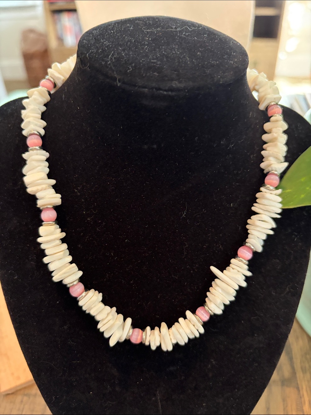 Hand Crafted White Shell Chip Necklace with Pink Beads